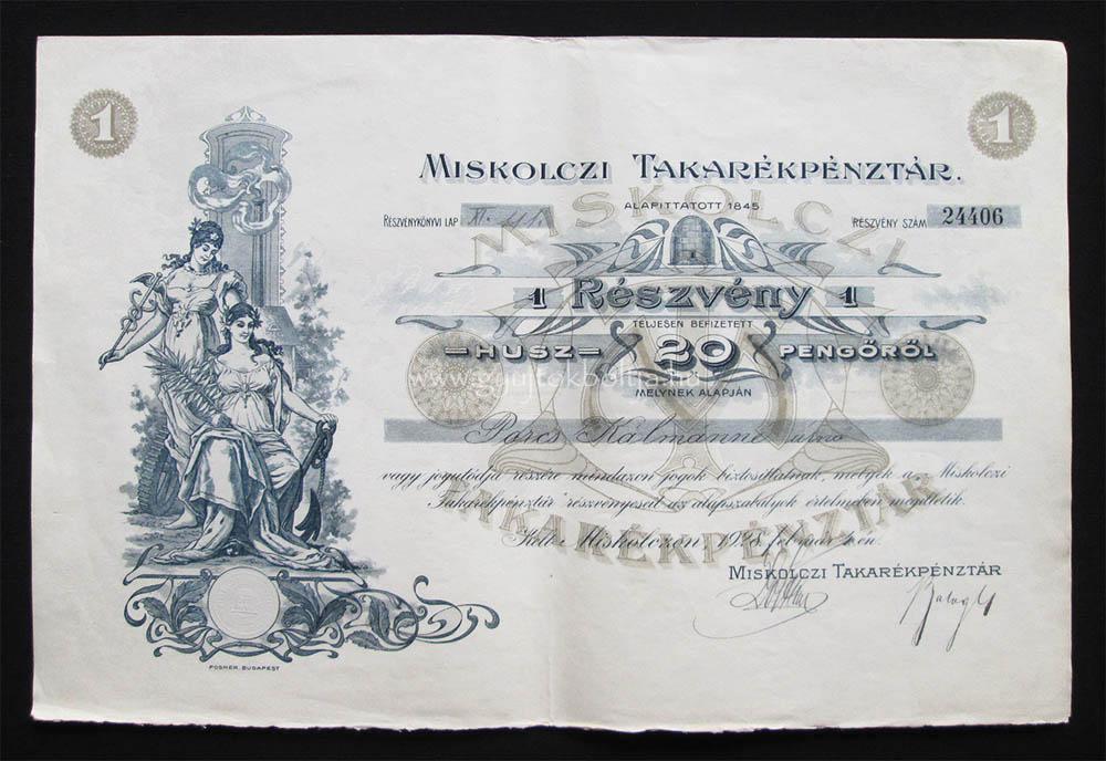 Miskolczi Takarékpénztár részvény 20 pengő 1928 Miskolc